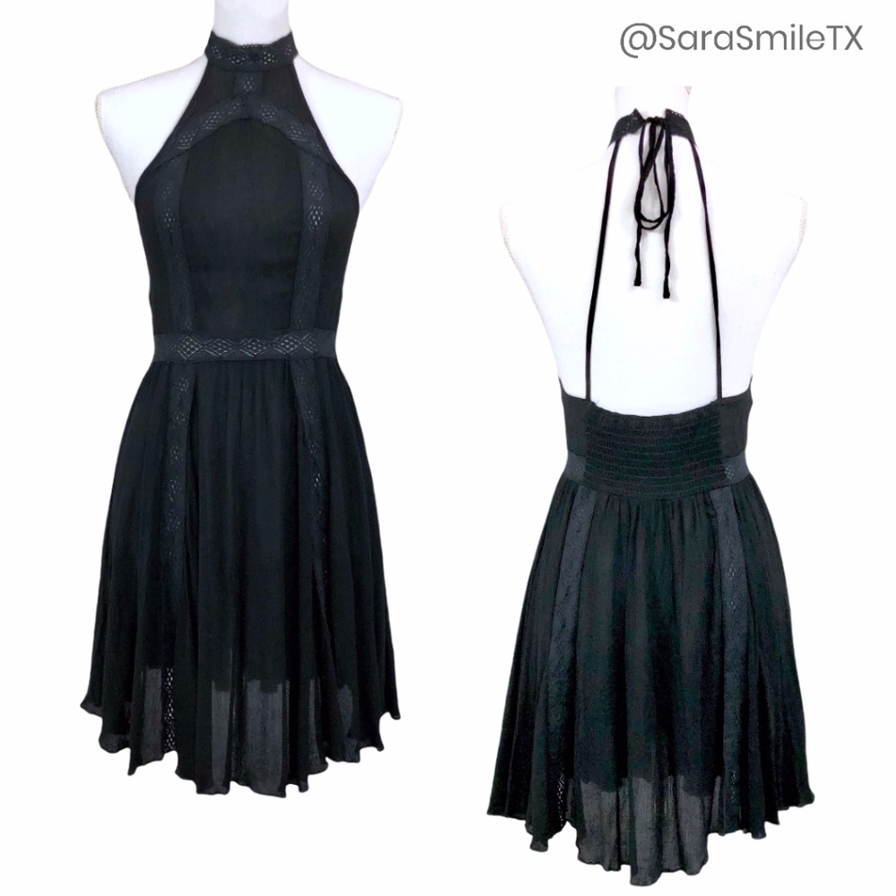 FREE PEOPLE - Falling For You - Boho Black Lace Trim Halter Slip Dress - NWOT